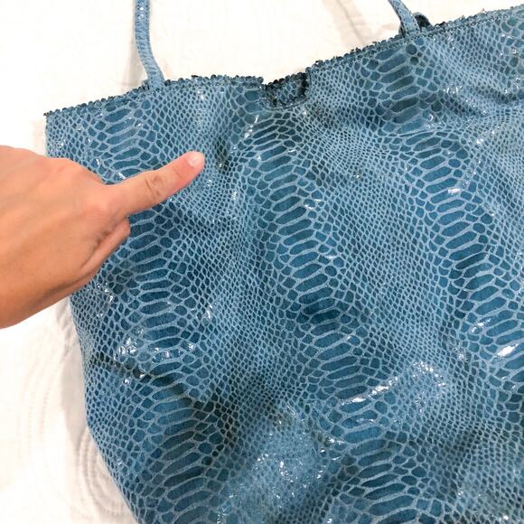 Fatto a Mano by Carlos Falchi Snake Embossed Blue Bag Purse - Picture 6 of 8